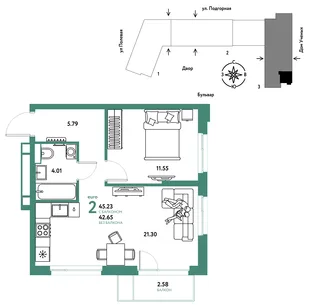 Планировка 2-комн. квартира, 45.32 м² ЖК «Авторский»