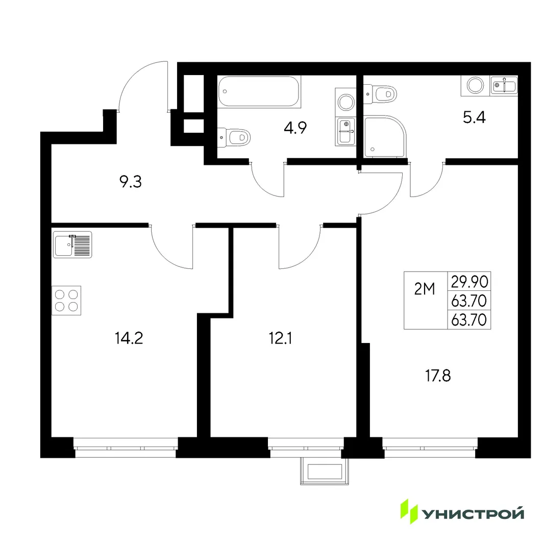 Планировка 2-комн. квартира, 63.7 м² ЖК «Стадиум»