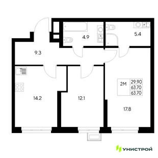 Планировка 2-комн. квартира, 63.7 м² ЖК «Стадиум»