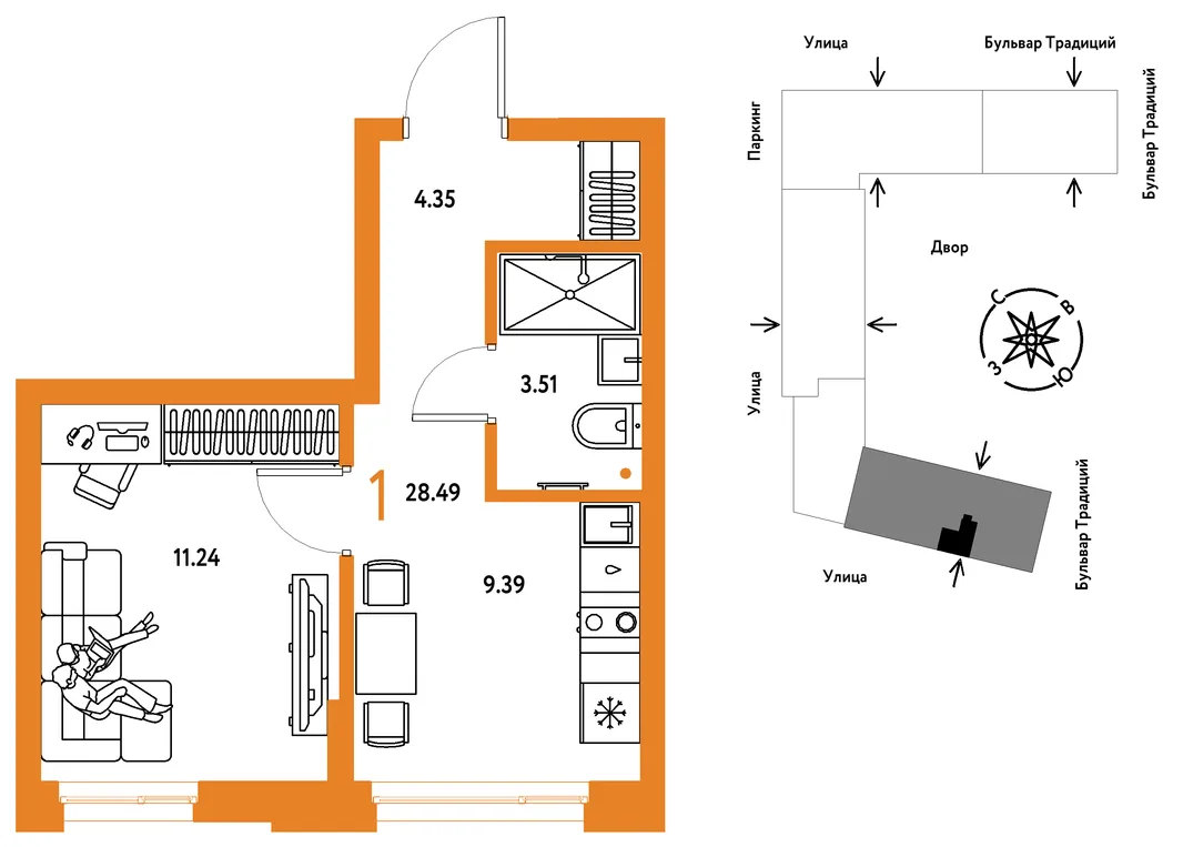 Планировка 1-комн. квартира, 28.49 м² ЖК «Микрорайон Домашний»