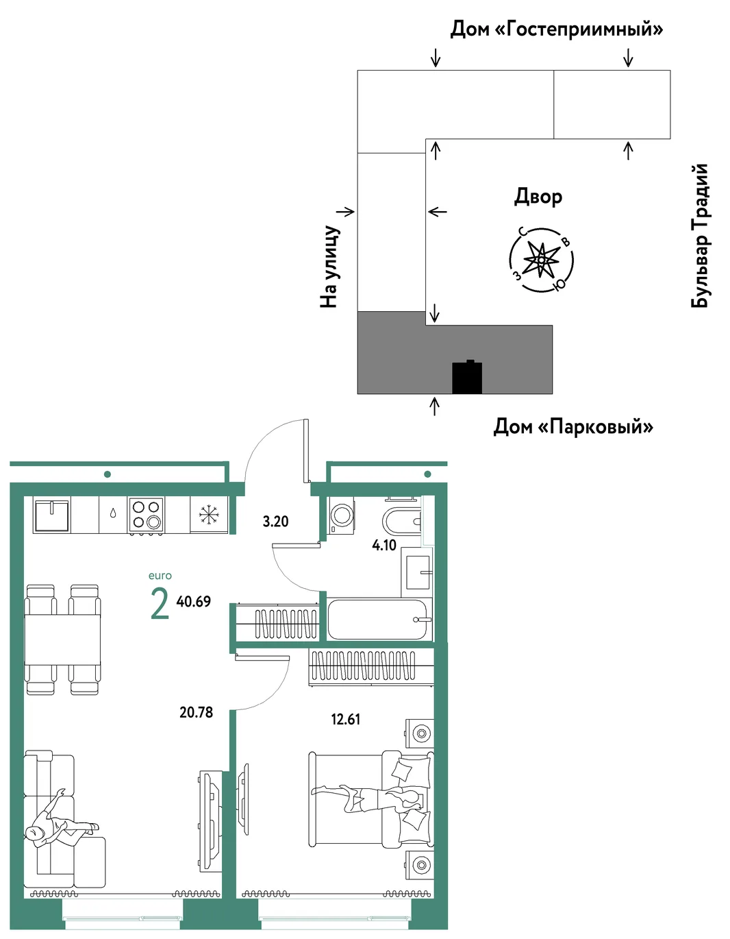 Планировка 2-комн. квартира, 40.69 м² ЖК «Микрорайон Домашний»
