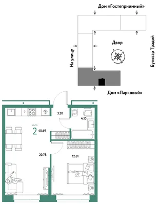 Планировка 2-комн. квартира, 40.69 м² ЖК «Микрорайон Домашний»