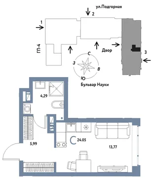 Планировка Студия, 24.05 м² ЖК «Авторский»