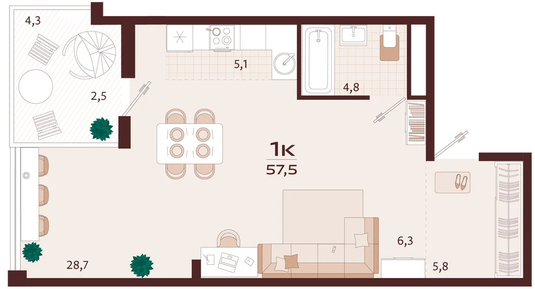 Планировка 1-комн. квартира, 57.5 м² ЖК «Роялта»