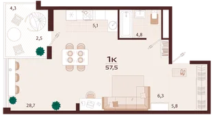 Планировка 1-комн. квартира, 57.5 м² ЖК «Роялта»