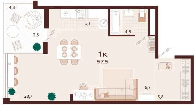 Планировка 1-комн. квартира, 57.5 м² ЖК «Роялта» Планировка 1-комн. квартира, 57.5 м² ЖК «Роялта»