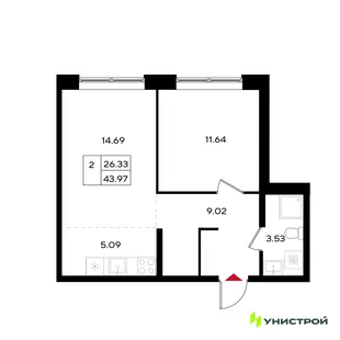 Планировка 2-комн. квартира, 43.97 м² ЖК «Уникум на Энгельса»