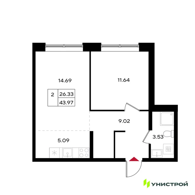 Планировка 2-комн. квартира, 43.97 м² ЖК «Уникум на Энгельса» Планировка 2-комн. квартира, 43.97 м² ЖК «Уникум на Энгельса»