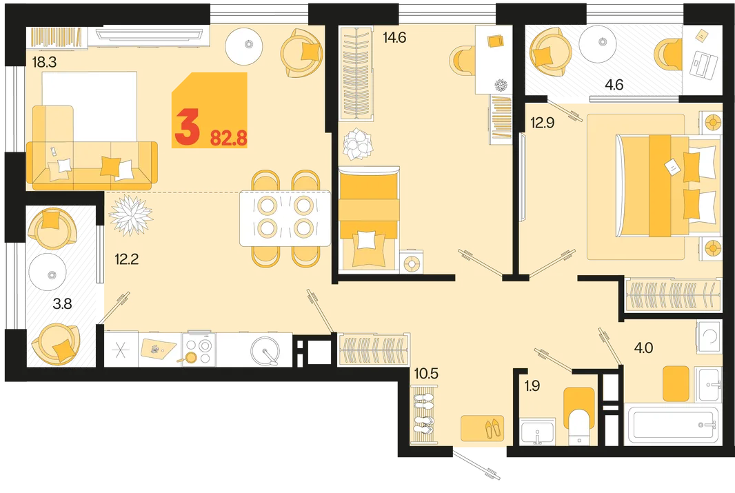 Планировка 3-комн. квартира, 82.8 м² ЖК «Первое место»