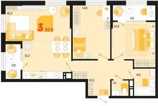 Планировка 3-комн. квартира, 82.8 м² ЖК «Первое место»
