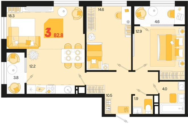 Планировка 3-комн. квартира, 82.8 м² ЖК «Первое место» Планировка 3-комн. квартира, 82.8 м² ЖК «Первое место»