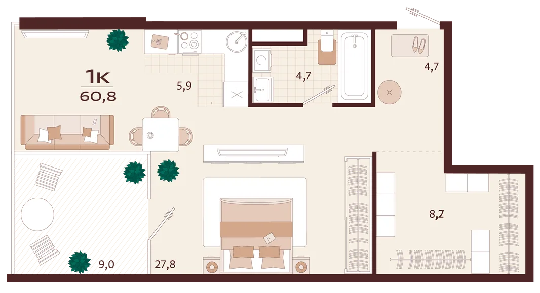 Планировка 1-комн. квартира, 60.8 м² ЖК «Роялта»