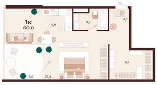 Планировка 1-комн. квартира, 60.8 м² ЖК «Роялта»