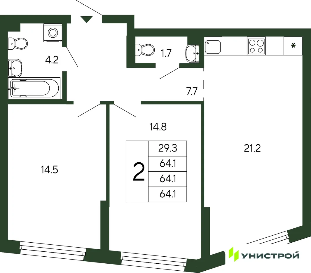 Планировка 2-комн. квартира, 64.1 м² ЖК «Парковый квартал 2.0»