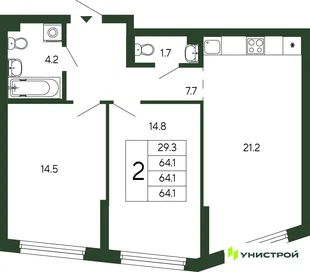 Планировка 2-комн. квартира, 64.1 м² ЖК «Парковый квартал 2.0»