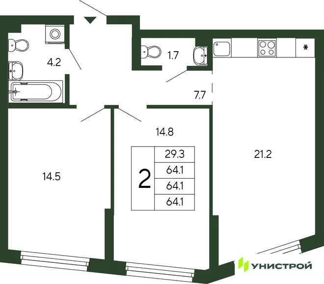 Планировка 2-комн. квартира, 64.1 м² ЖК «Парковый квартал 2.0»