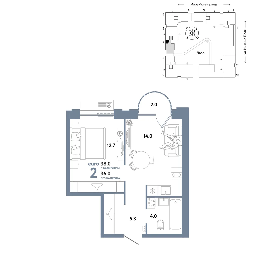 Планировка 2-комн. квартира, 38 м² ЖК «Страна.Заречная»