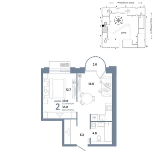 Планировка 2-комн. квартира, 38 м² ЖК «Страна.Заречная»