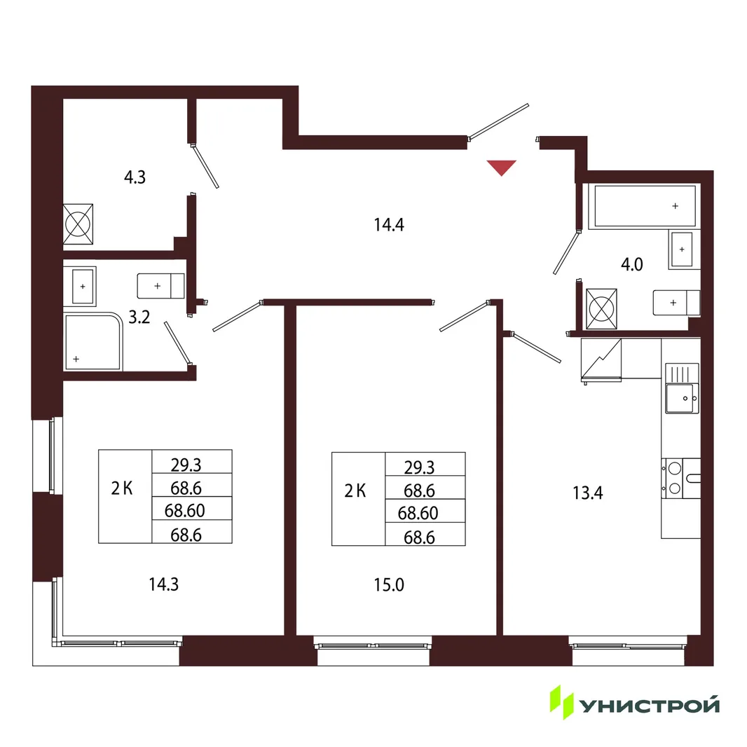 Планировка 2-комн. квартира, 68.6 м² ЖК «Лисино»