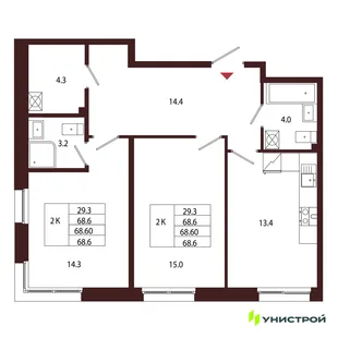 Планировка 2-комн. квартира, 68.6 м² ЖК «Лисино»