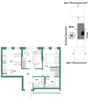 Планировка 2-комн. квартира, 47.14 м² ЖК «Микрорайон Домашний»