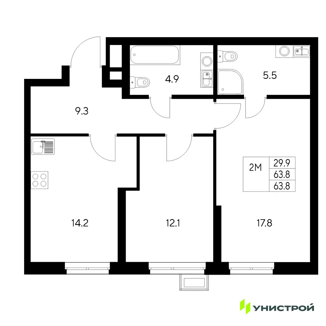 Планировка 2-комн. квартира, 63.8 м² ЖК «Стадиум»