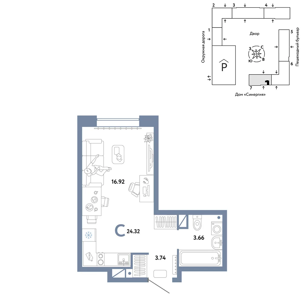 Планировка Студия, 24.32 м² ЖК «Юнион»