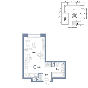 Планировка Студия, 24.32 м² ЖК «Юнион»