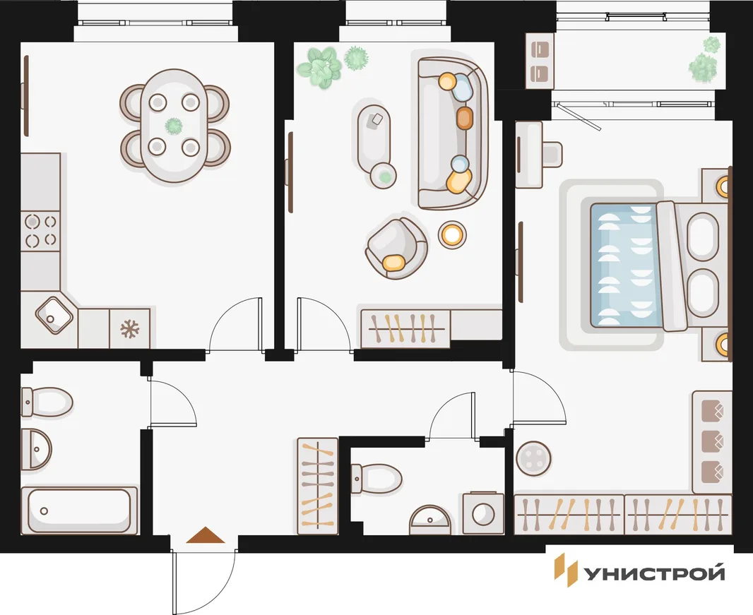 Планировка 2-комн. квартира, 70.33 м² ЖК «Жилой кластер Q на Кулагина»