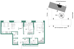 Планировка 3-комн. квартира, 64.06 м² ЖК «Микрорайон Домашний»