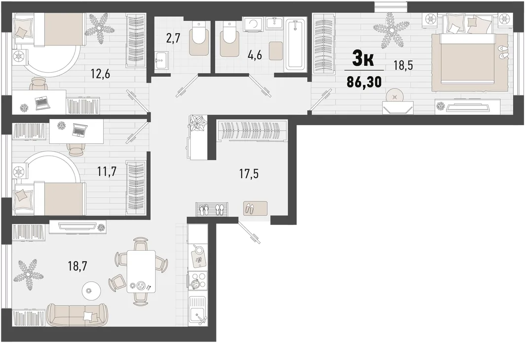 Планировка 3-комн. квартира, 86.3 м² ЖК «Барса»