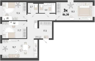 Планировка 3-комн. квартира, 86.3 м² ЖК «Барса»