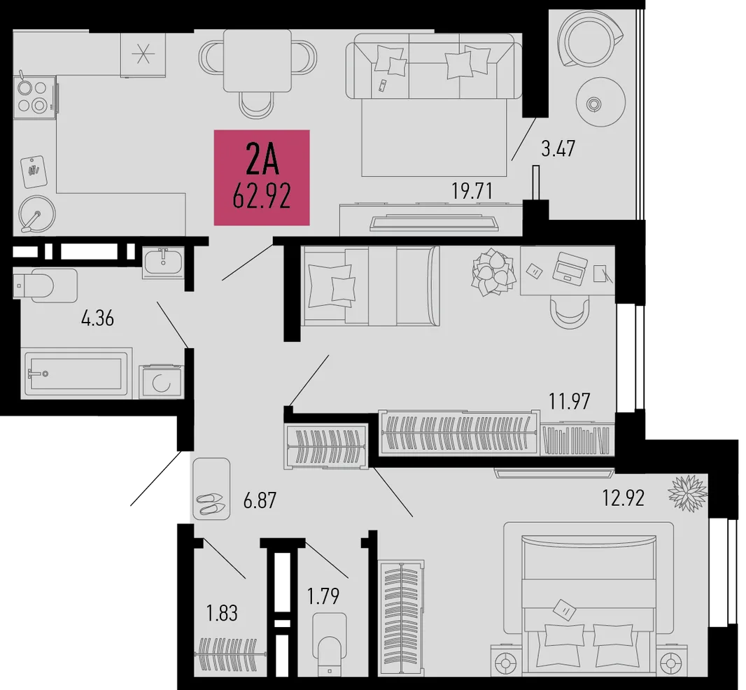 Планировка 2-комн. квартира, 62.92 м² ЖК «Столицыно»