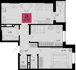 Планировка 2-комн. квартира, 62.92 м² ЖК «Столицыно»