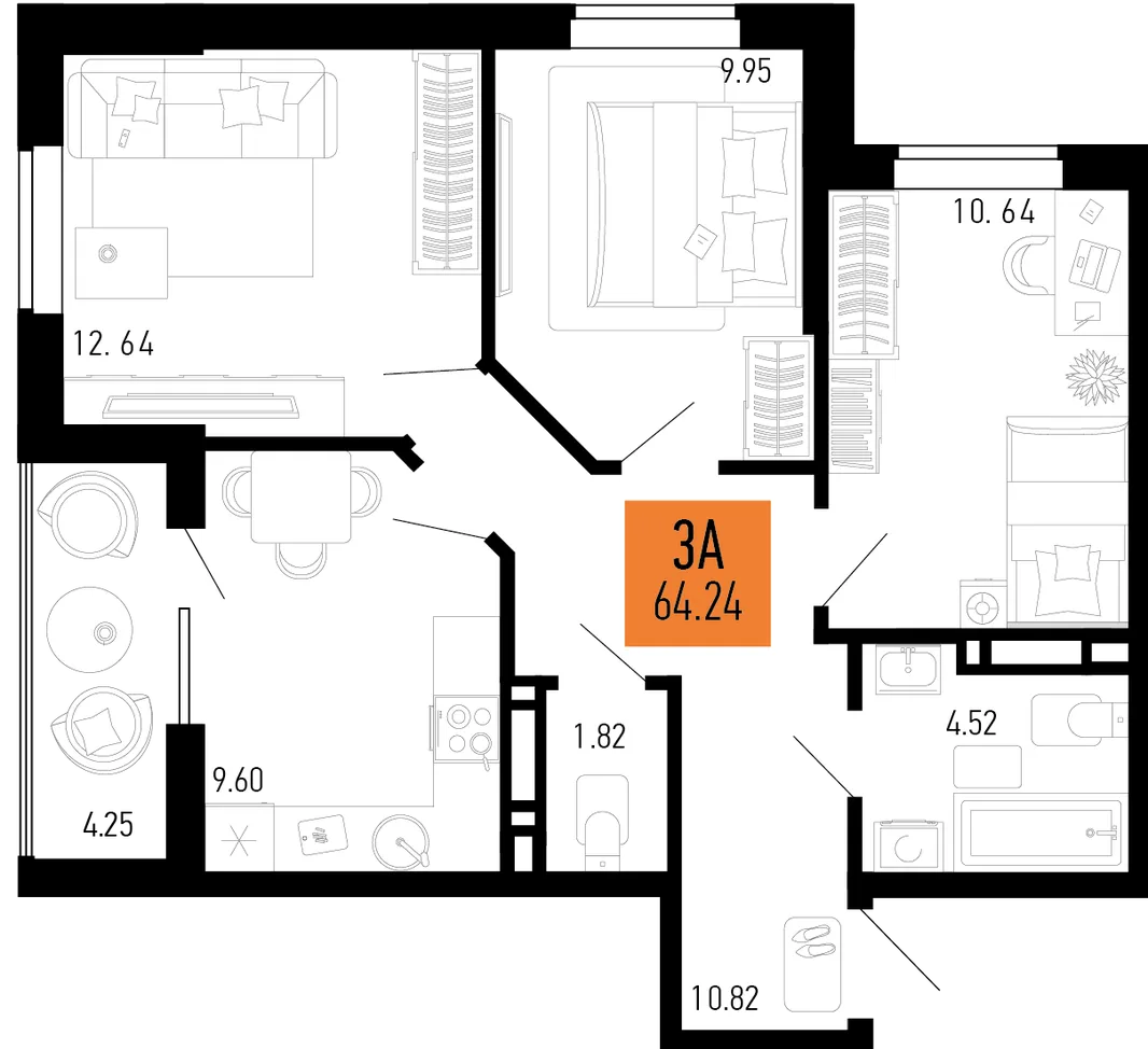 Планировка 3-комн. квартира, 64.24 м² ЖК «Столицыно»