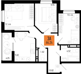 Планировка 3-комн. квартира, 64.24 м² ЖК «Столицыно»