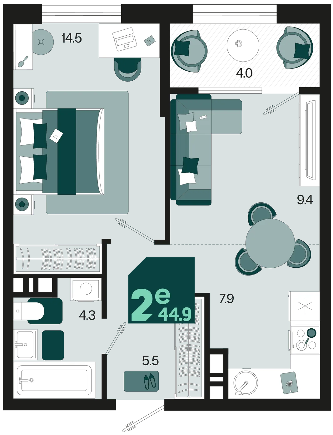 Планировка 2-комн. квартира, 44.9 м² ЖК «Первое место»