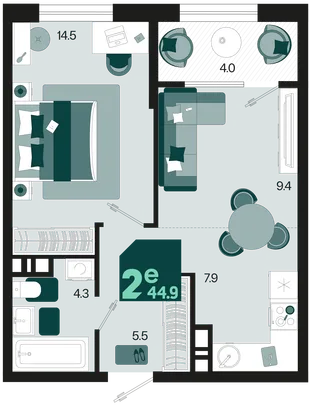 Планировка 2-комн. квартира, 44.9 м² ЖК «Первое место»