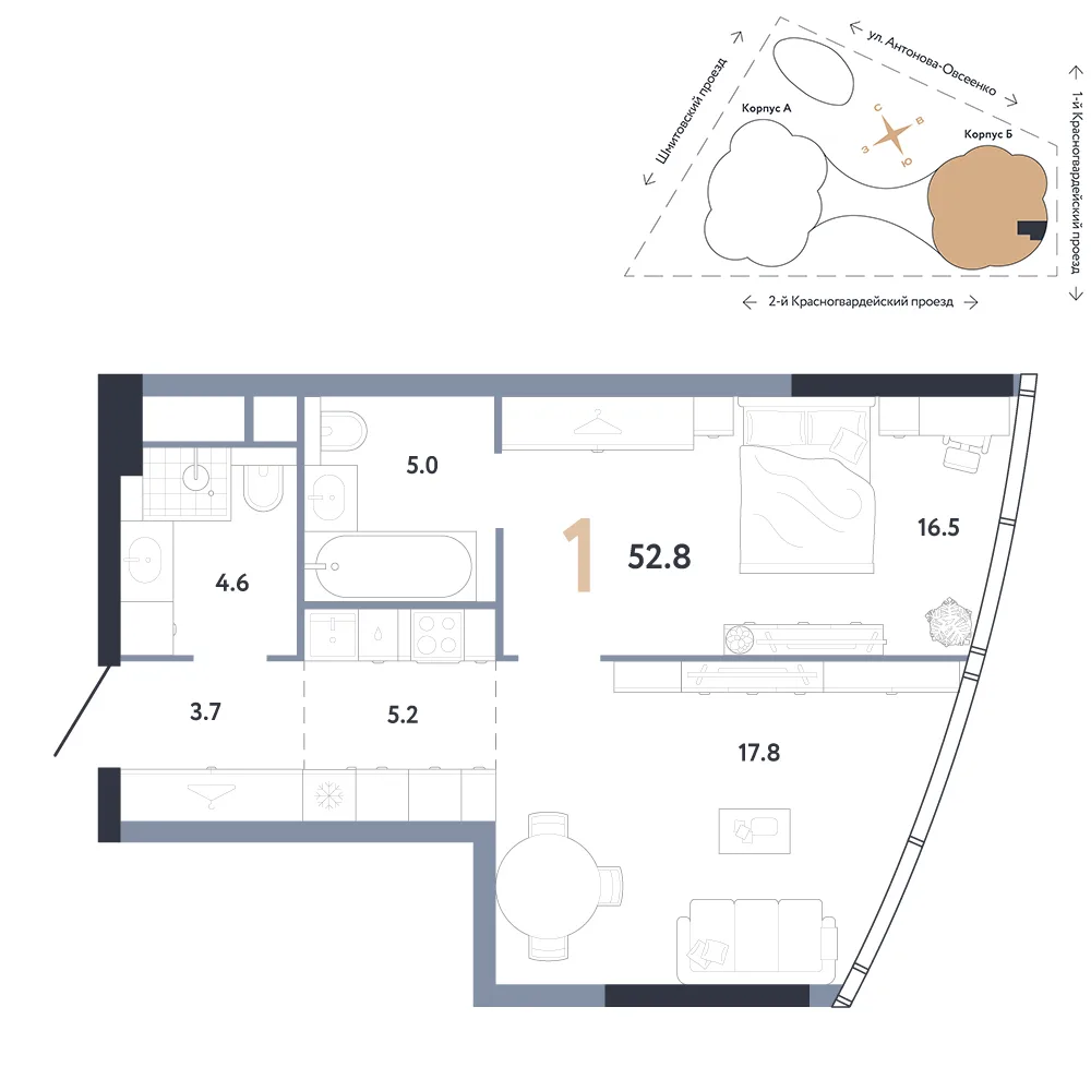Планировка 1-комн. квартира, 52.8 м² ЖК «АУРУС Резиденции»