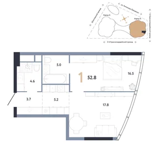 Планировка 1-комн. квартира, 52.8 м² ЖК «АУРУС Резиденции»