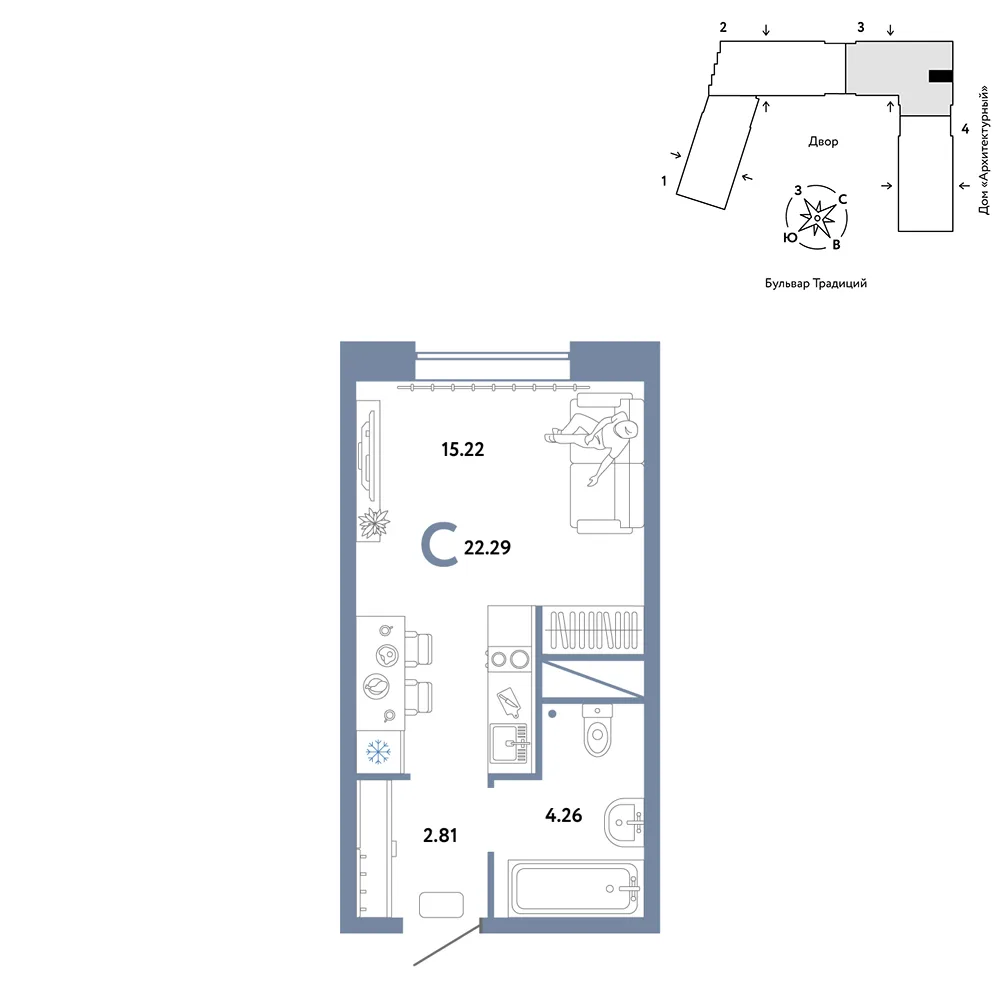 Планировка Студия, 22.29 м² ЖК «Микрорайон Домашний»