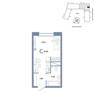 Планировка Студия, 22.29 м² ЖК «Микрорайон Домашний»
