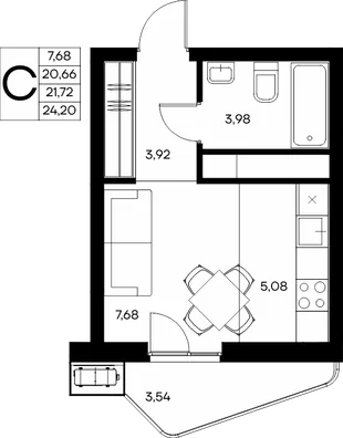 Планировка Студия, 24.2 м² ЖК «Прибрежный дом»