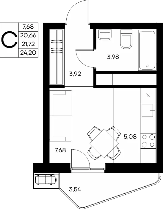Планировка Студия, 24.2 м² ЖК «Прибрежный дом»