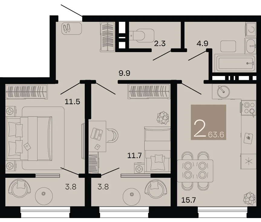 Планировка 2-комн. квартира, 63.6 м² ЖК «Хозяин морей»