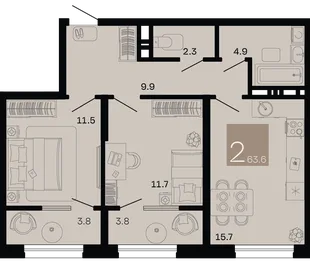 Планировка 2-комн. квартира, 63.6 м² ЖК «Хозяин морей»