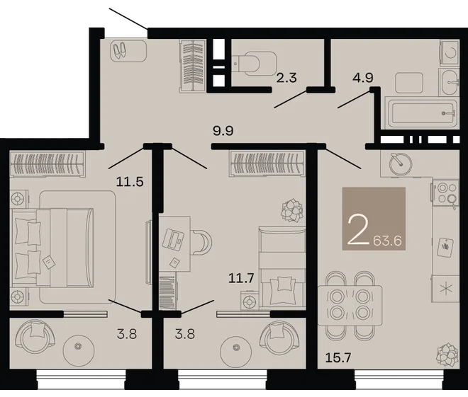 Планировка 2-комн. квартира, 63.6 м² ЖК «Хозяин морей» Планировка 2-комн. квартира, 63.6 м² ЖК «Хозяин морей»