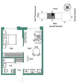 Планировка 2-комн. квартира, 35.41 м² ЖК «Микрорайон Домашний»