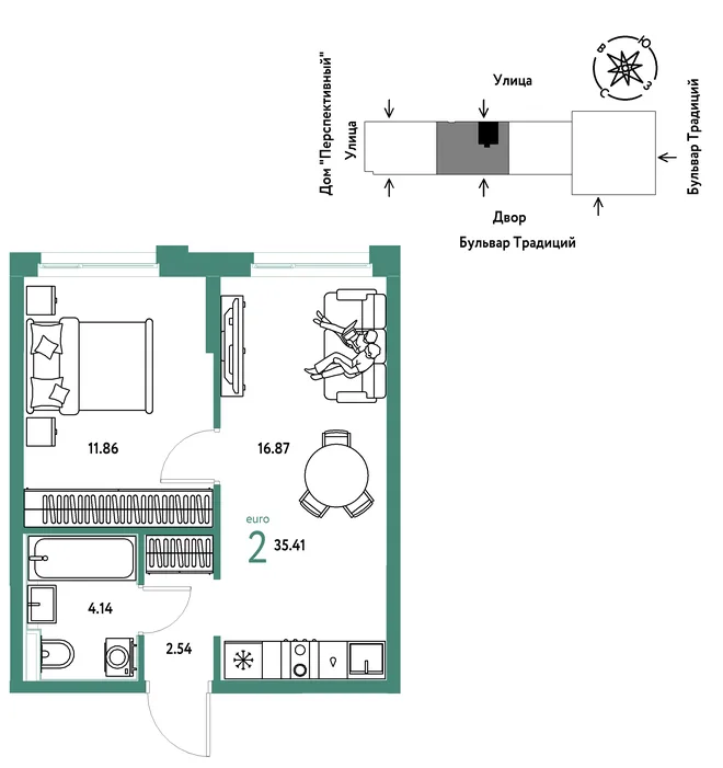 Планировка 2-комн. квартира, 35.41 м² ЖК «Микрорайон Домашний» Планировка 2-комн. квартира, 35.41 м² ЖК «Микрорайон Домашний»