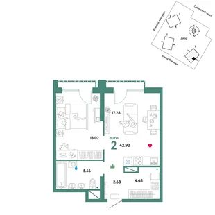 Планировка 2-комн. квартира, 42.92 м² ЖК «Сибирский сад»